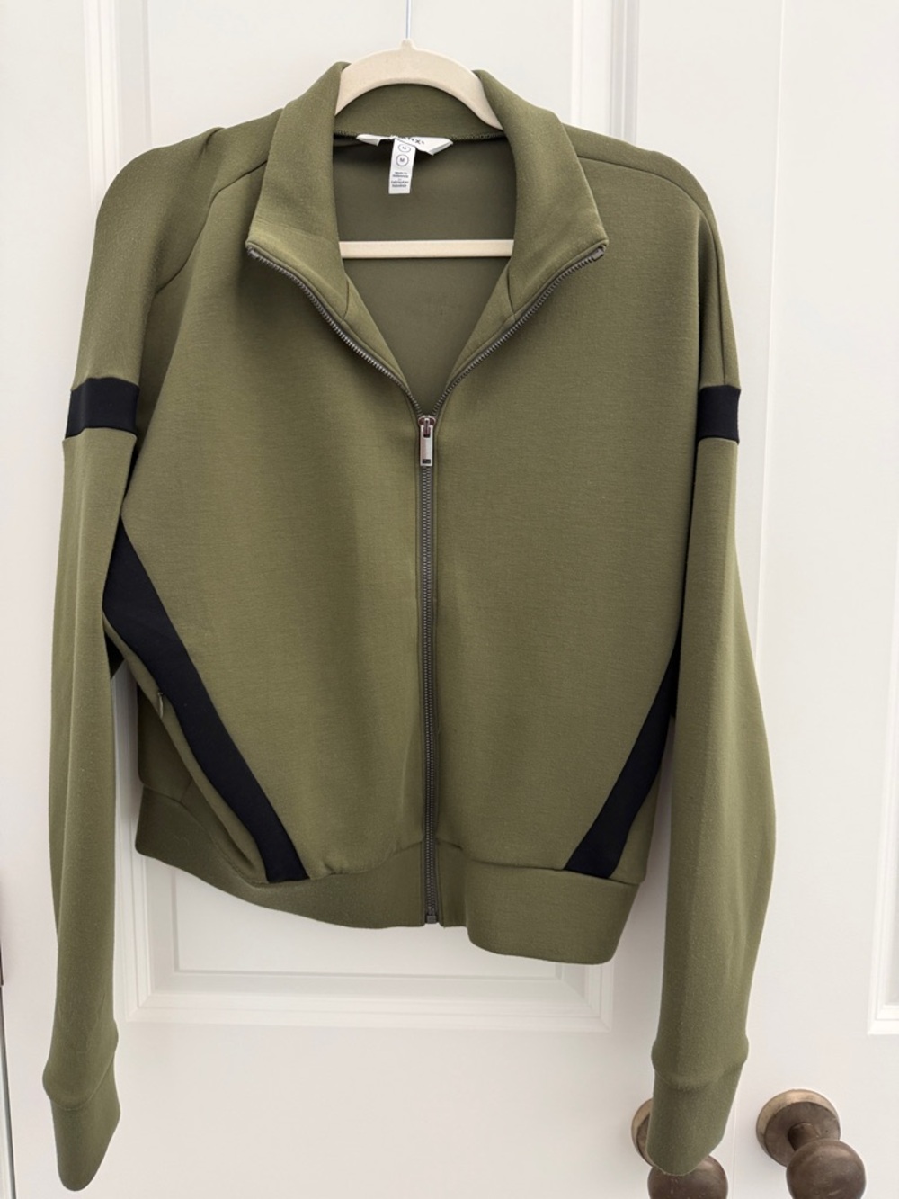 Olive Green Full-Zip Jacket and wide leg pants with Black Accents